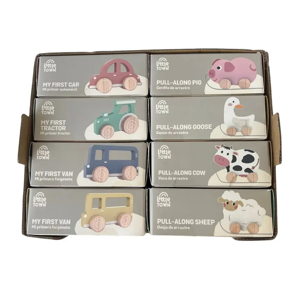 Little Town Wooden Baby Toy Lot 8 NIB Pull-Along Animals & Cars Aldi Montessori